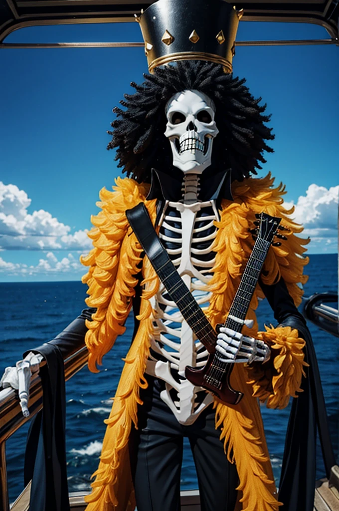 Three-dimensional effect,Standing Full body skeleton,realistic,Crown on head,junbo afro,On a big ship,By the Sea,Blue scarf,Yellow fur,Black coat,Holding a guitar,Glossy body