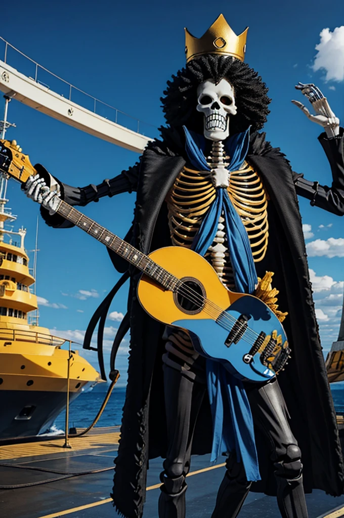 Three-dimensional effect,Standing Full body skeleton,realistic,Crown on head,junbo afro,On a big ship,By the Sea,Blue scarf,Yellow fur,Black coat,Holding a guitar,Glossy body,The inside of the skeleton is black