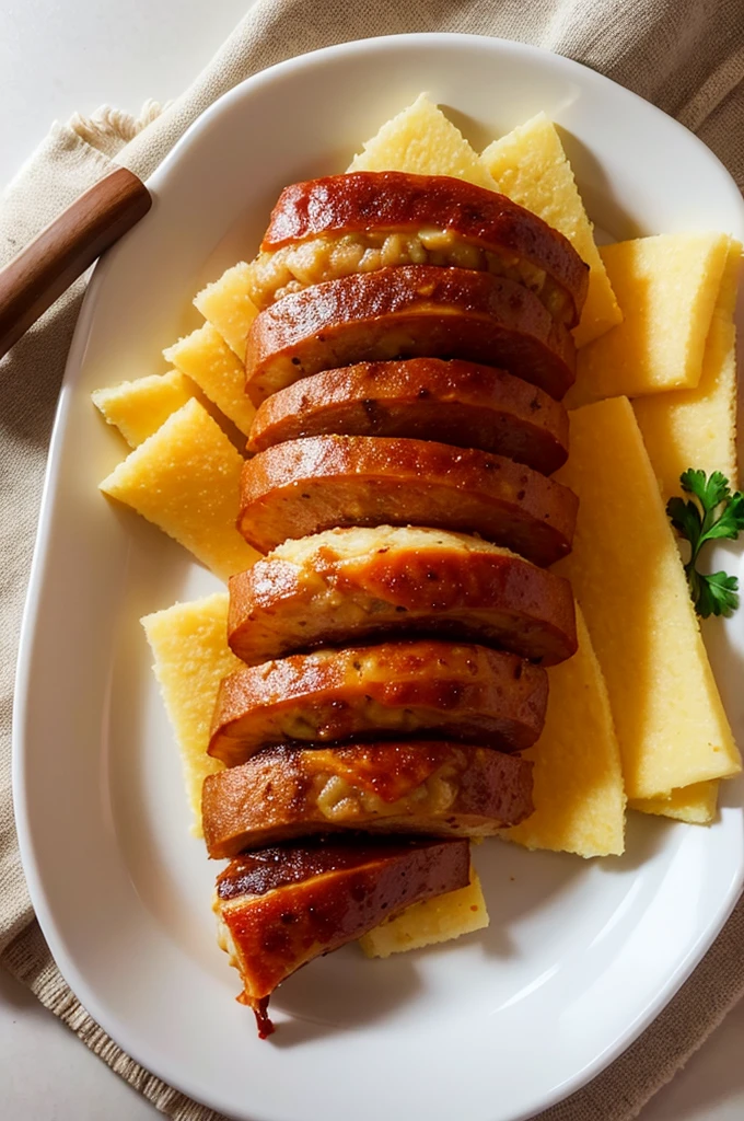 plate of food with sliced pepperoni and brazilian manioc flour, photo realistic, 4k, real plate, white plate, good quality, hd, brazilian food, brazilian farofa, parsley