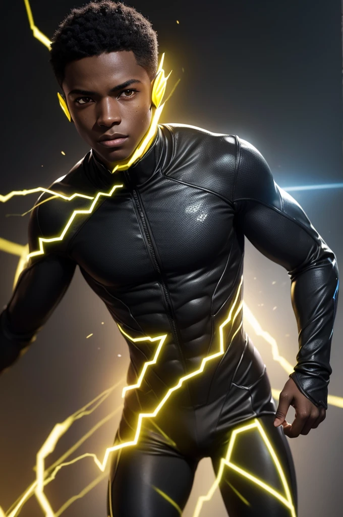 Create an image of a 17-year-old dark-skinned boy wearing the Reverse Flash costume from the series.