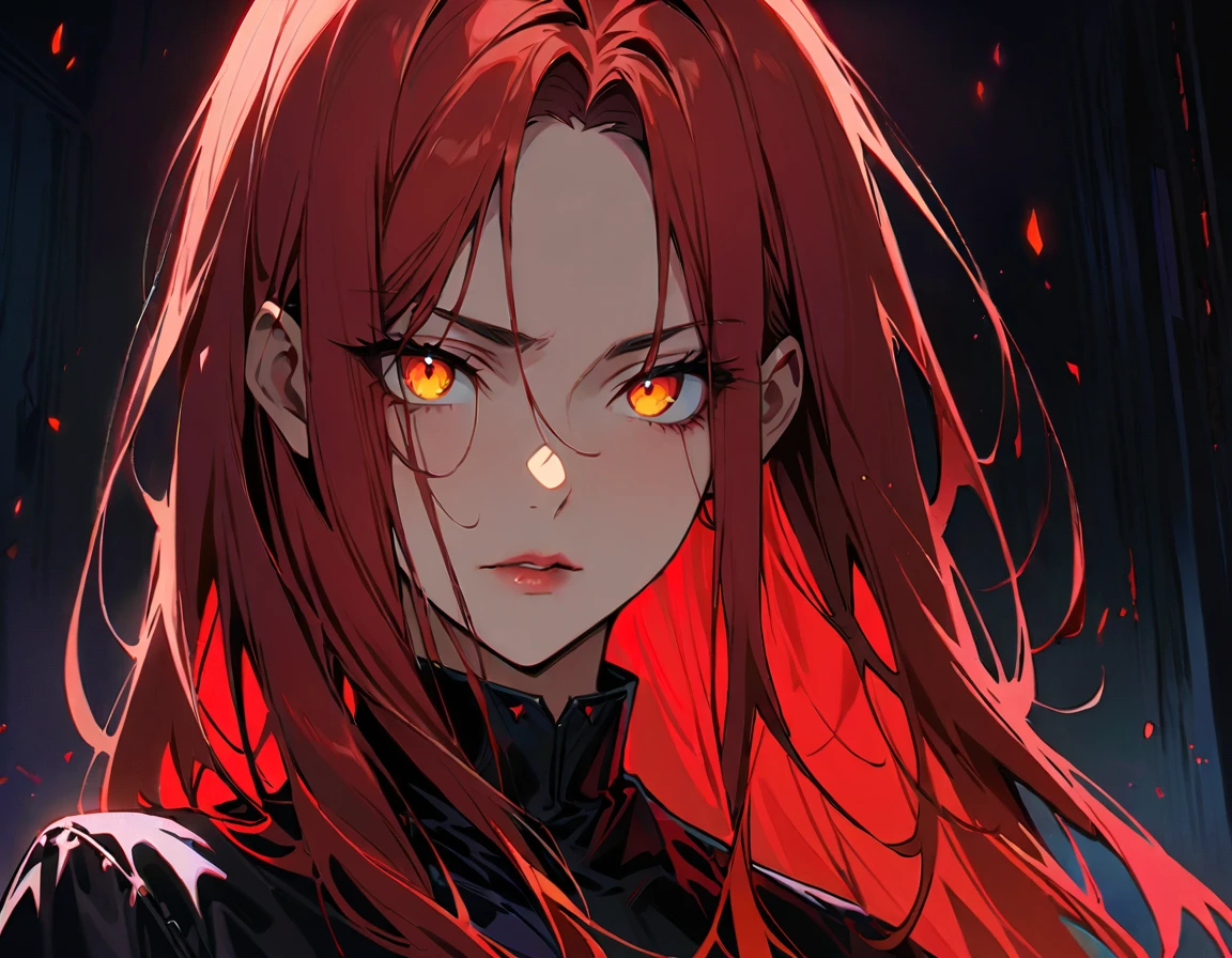 Long red hair, yellow eyes, evil, sexy, black and red clothes, cute hairstyle, evil face, evil, serious look, gloss lips, sinister, front look, bloody, gloves, beautiful eyes, short dress, big white, dark place, night, sensual, straight hair cut, clear skin, evil, young 30 years girl, adult girl, solo, red, very long hair, ankle length hair, handsome older WOMAN，crimson-eyes，crimson pupils，Long red hair，Hyperresolution，accuracy，Detailed rendering,（Image of fine hair）（topquality）（Masterpieces of masters）（High degree of completeness）（A sense of atmosphere）tmasterpiece，Super detailed and super detailed（half-body portrait)