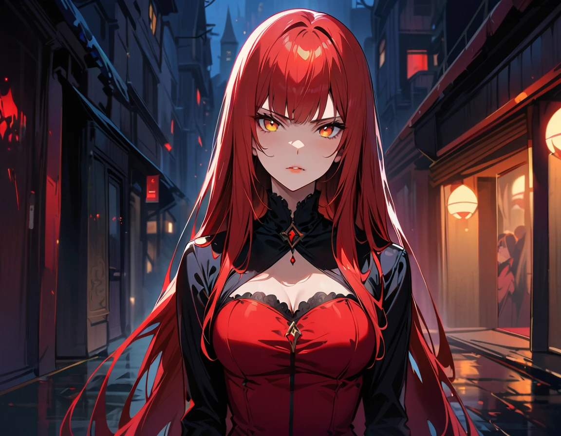 Long red hair, yellow eyes, evil, sexy, black and red clothes, cute hairstyle, evil face, evil, serious look, gloss lips, sinister, front look, bloody, gloves, beautiful eyes, short dress, big white, dark place, night, sensual, straight hair cut, clear skin, evil, young 30 years girl, adult girl, solo, red, very long hair, ankle length hair, handsome older WOMAN,crimson-eyes,crimson pupils,Long red hair,Hyperresolution,accuracy,Detailed rendering,(Image of fine hair)(topquality)(Masterpieces of masters)(High degree of completeness)(A sense of atmosphere)tmasterpiece,Super detailed and super detailed(half-body portrait)