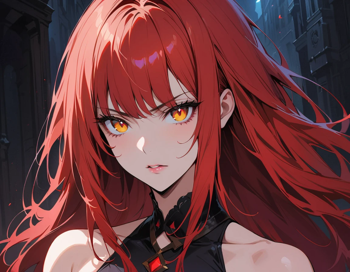 Long red hair, yellow eyes, evil, sexy, black and red clothes, cute hairstyle, evil face, evil, serious look, gloss lips, sinister, front look, bloody, gloves, beautiful eyes, short dress, big white, dark place, night, sensual, straight hair cut, clear skin, evil, young 30 years girl, adult girl, solo, red, very long hair, ankle length hair, handsome older WOMAN,crimson-eyes,crimson pupils,Long red hair,Hyperresolution,accuracy,Detailed rendering,(Image of fine hair)(topquality)(Masterpieces of masters)(High degree of completeness)(A sense of atmosphere)tmasterpiece,Super detailed and super detailed(half-body portrait)