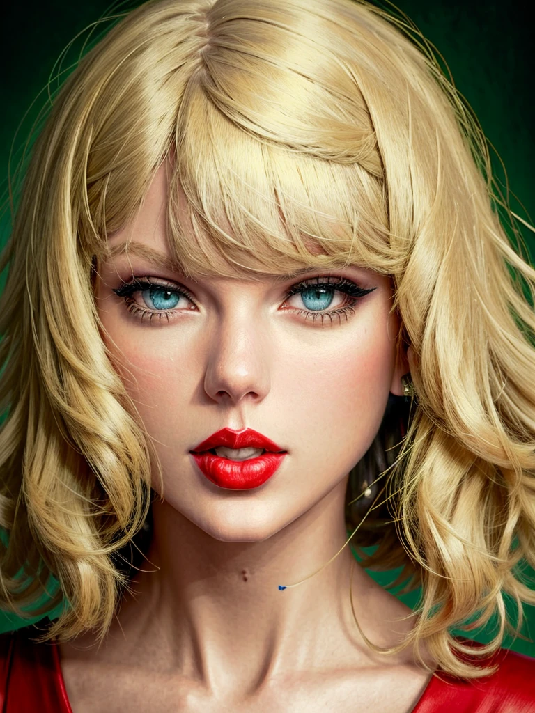 ((Portrait of Taylor Swift)), (blond hair, red lipstick, green eyes), masterpiece, photorealistic, (highly detailed), (best quality), (ultra high resolution), ((detailed eyes, detailed face))