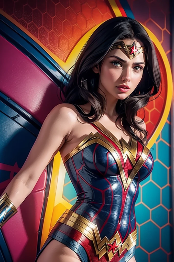 Wonder Woman (flat chest) in the style of Spider-Man, masterpiece, best quality, abstract, psychedelic, neon, (honeycomb pattern), (creative:1.3), sy3, SMM, fantasy00d