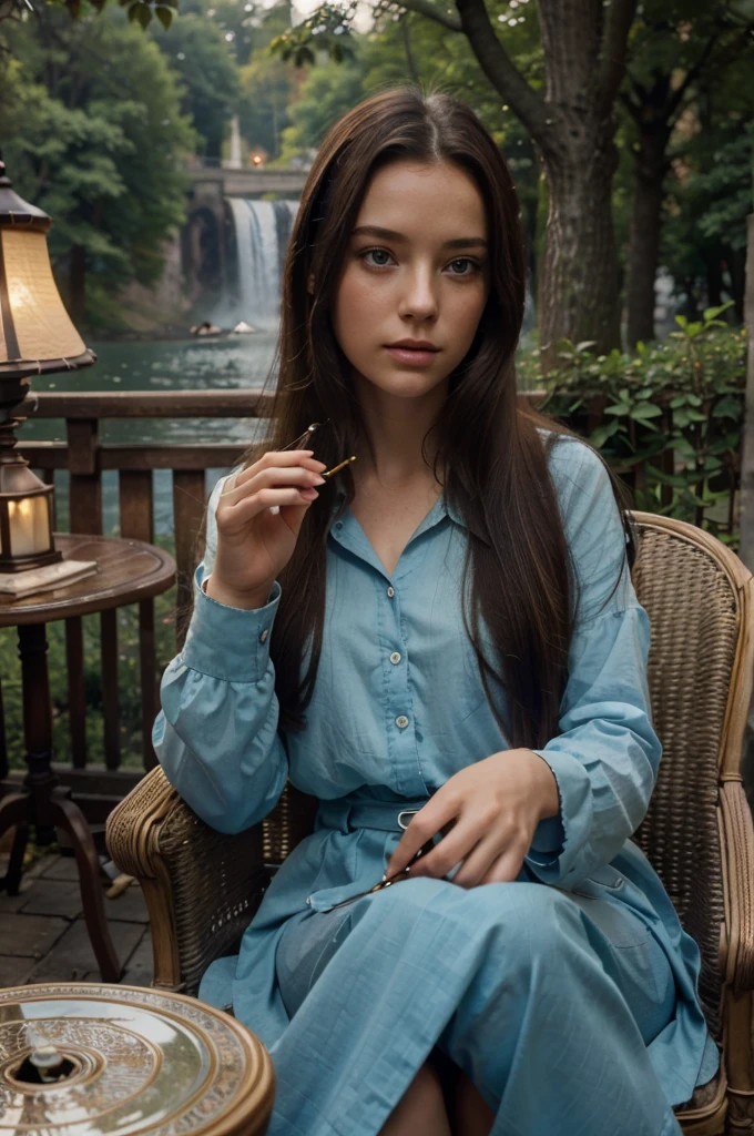 masterpiece, best quality, 1girl, solo, smoking pipe, long hair, smoke, book, smoking, looking at viewer, holding, sitting, chair, table, holding smoking pipe, water, brown hair, tree, scenery, lamp, hair between eyes, lantern, looking back, cigarette, blue eyes, long sleeves, lake, black hair