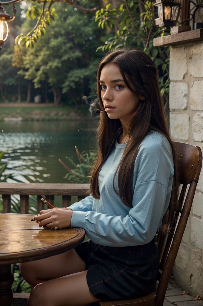 masterpiece, best quality, 1girl, solo, smoking pipe, long hair, smoke, book, smoking, looking at viewer, holding, sitting, chair, table, holding smoking pipe, water, brown hair, tree, scenery, lamp, hair between eyes, lantern, looking back, cigarette, blue eyes, long sleeves, lake, black hair