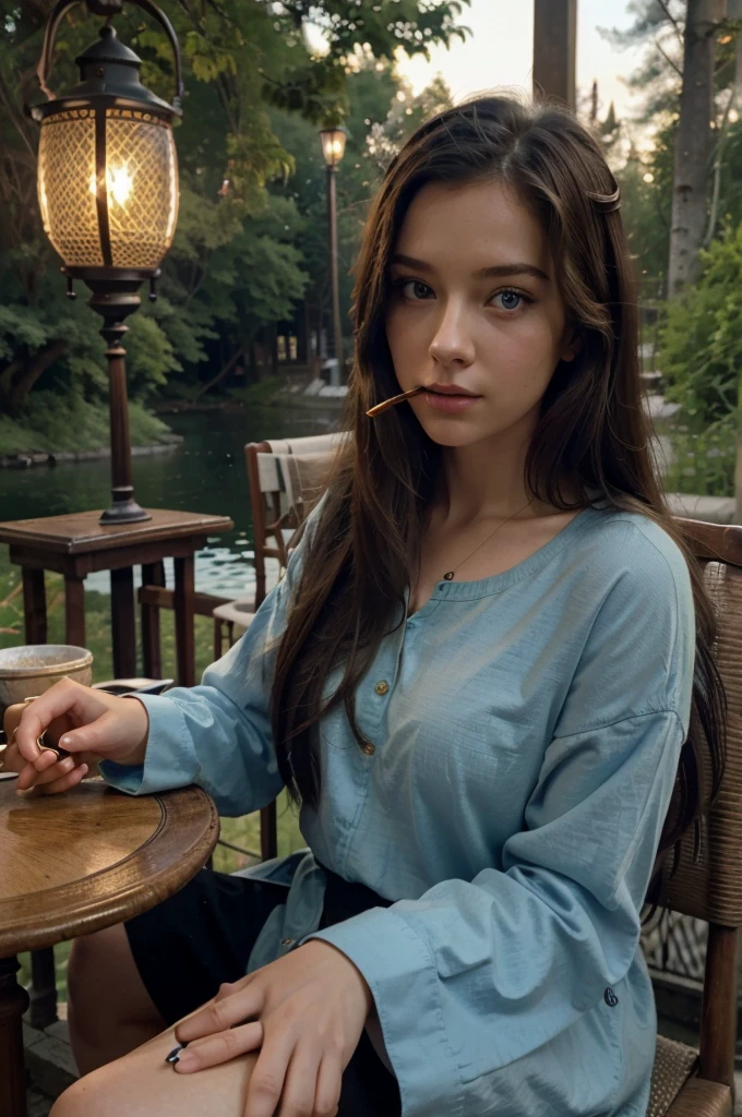 masterpiece, best quality, 1girl, solo, smoking pipe, long hair, smoke, book, smoking, looking at viewer, holding, sitting, chair, table, holding smoking pipe, water, brown hair, tree, scenery, lamp, hair between eyes, lantern, looking back, cigarette, blue eyes, long sleeves, lake, black hair