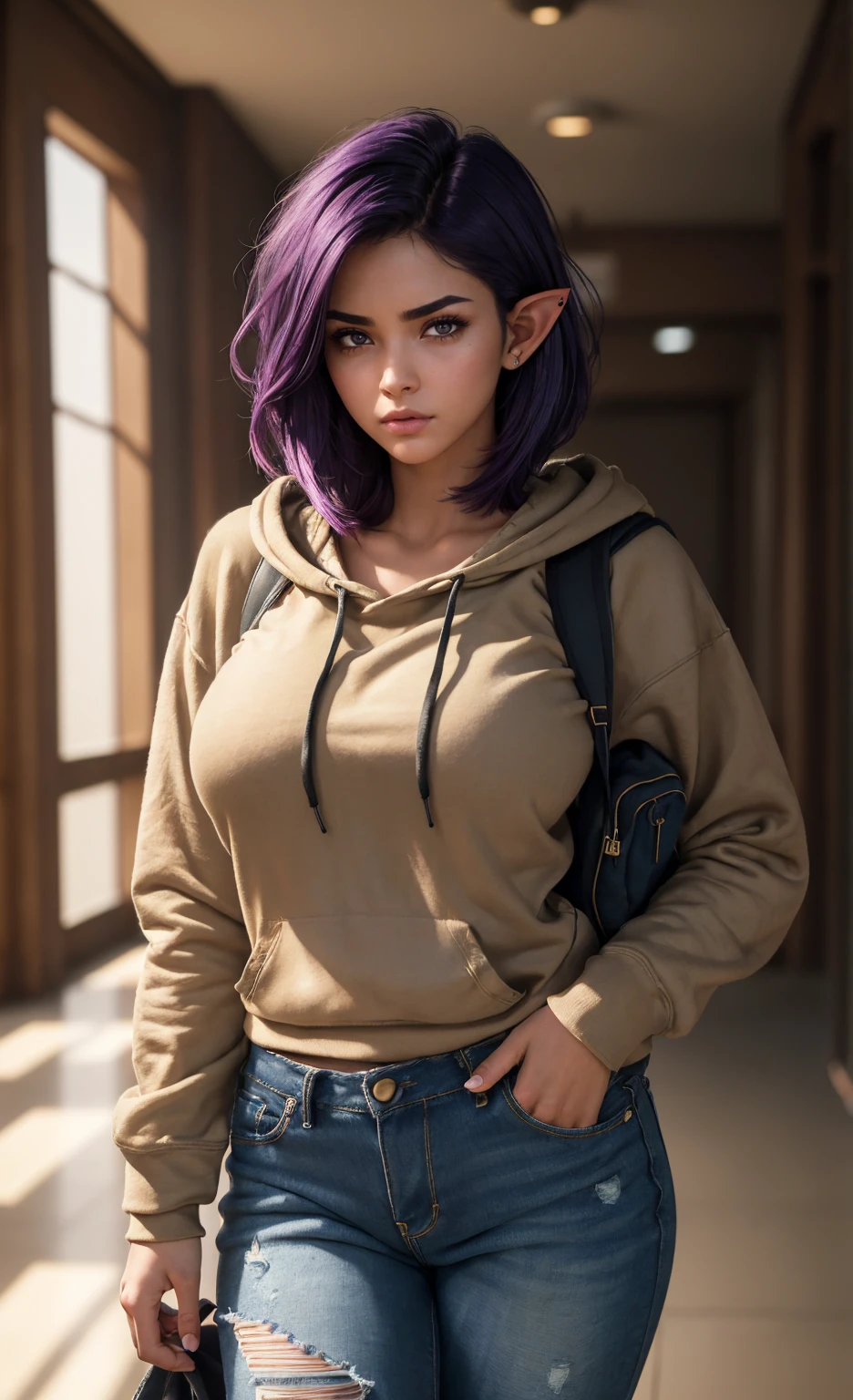 (masterpiece), (extremely intricate:1.3), (realistic), portrait of a girl, huge and perfect breasts, the most beautiful in the world, dark eyebrows, bright purple hair, (short and messy male haircut:1.2), almond eyes, scowl, (annoyed pout:1.2), blushing heavily, (oversized baggy cosy hoodie), (ripped baggy jeans), (canvas sneakers), (backpack), (elf ears:1.1), tanned, detailed textures, indoors, bright sunlight, classroom hallway, professional photograph of a stunning woman detailed, looking at the camera, alluring stare, detailed eyes, sharp focus, dramatic, award winning, cinematic lighting, octane render unreal engine, volumetrics dtx, (film grain, blurry background, blurry foreground, bokeh, depth of field, motion blur:1.3)