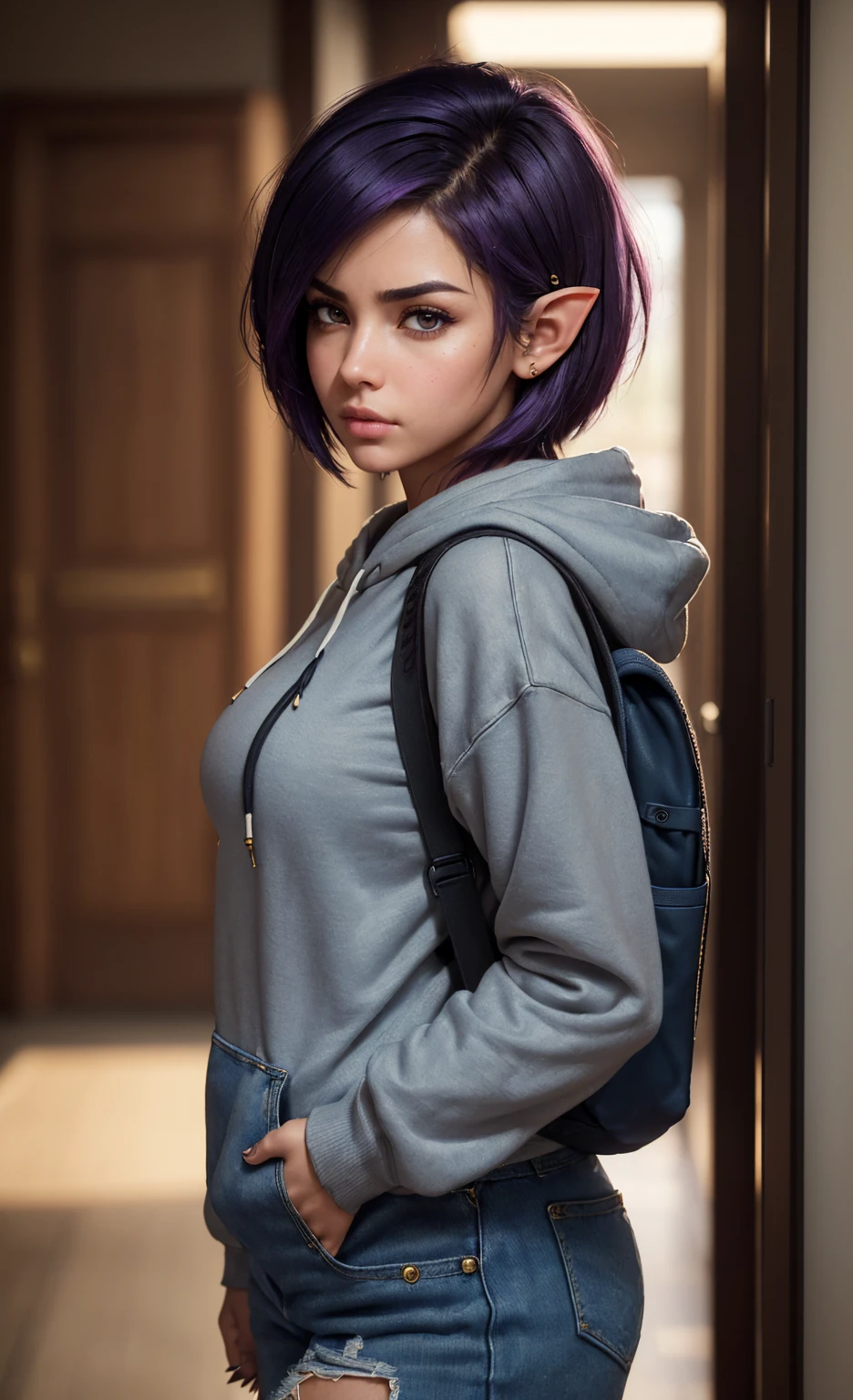 with freakels, yellow bandana at her neck, shotgun, purple hair, slim, medium boobs, small ass, shaved , standing still looking at camera, with no chlotes