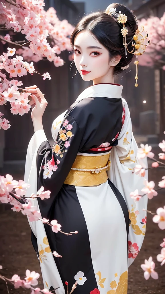 (An ancient geisha girl stood elegantly under cherry blossoms, looking back and smiling: 1.37), many red cherry blossom petals fell one after another, (all over her body),
The white foundation on the girl's face has no highlights or shadow decorations. The whole white foundation make-up covers the face and neck. Red lip makeup is a small mouth area smaller than normal lips. The thick and thin eyeliner pen can highlight the contour of the eyes, strengthen the eyes, and make the pupils look dark and deep. A straight eyebrow is both eye-catching and not stiff, making the entire face cleaner. Typical Japanese geisha makeup, wearing a gorgeous kimono embroidered with black and gold cherry blossoms, this is a long sleeved kimono, wearing Japanese clogs, background: deep streets and alleys under moonlight, white and black, surrealism, realistic depiction of light and shadow, realistic and exaggerated photos, ultra-high quality, super details, movie shots, shallow depth of field,