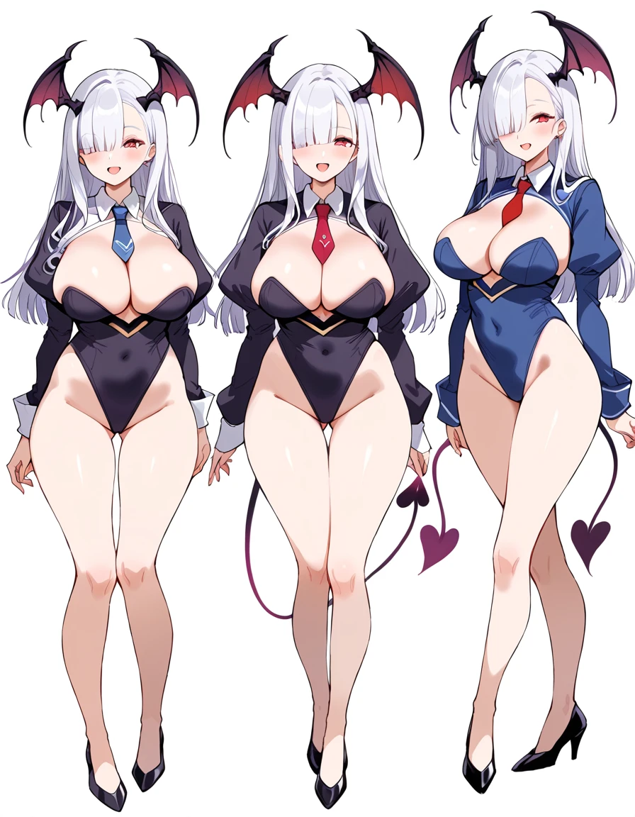 3 girls, variety of hairstyles, variety of bangs, high fantasy costume, ((white background)), full body, multiple views, succubus, thong, shrug, leotard, cleavage, tie, hair over one eye, forehead, blunt bangs,