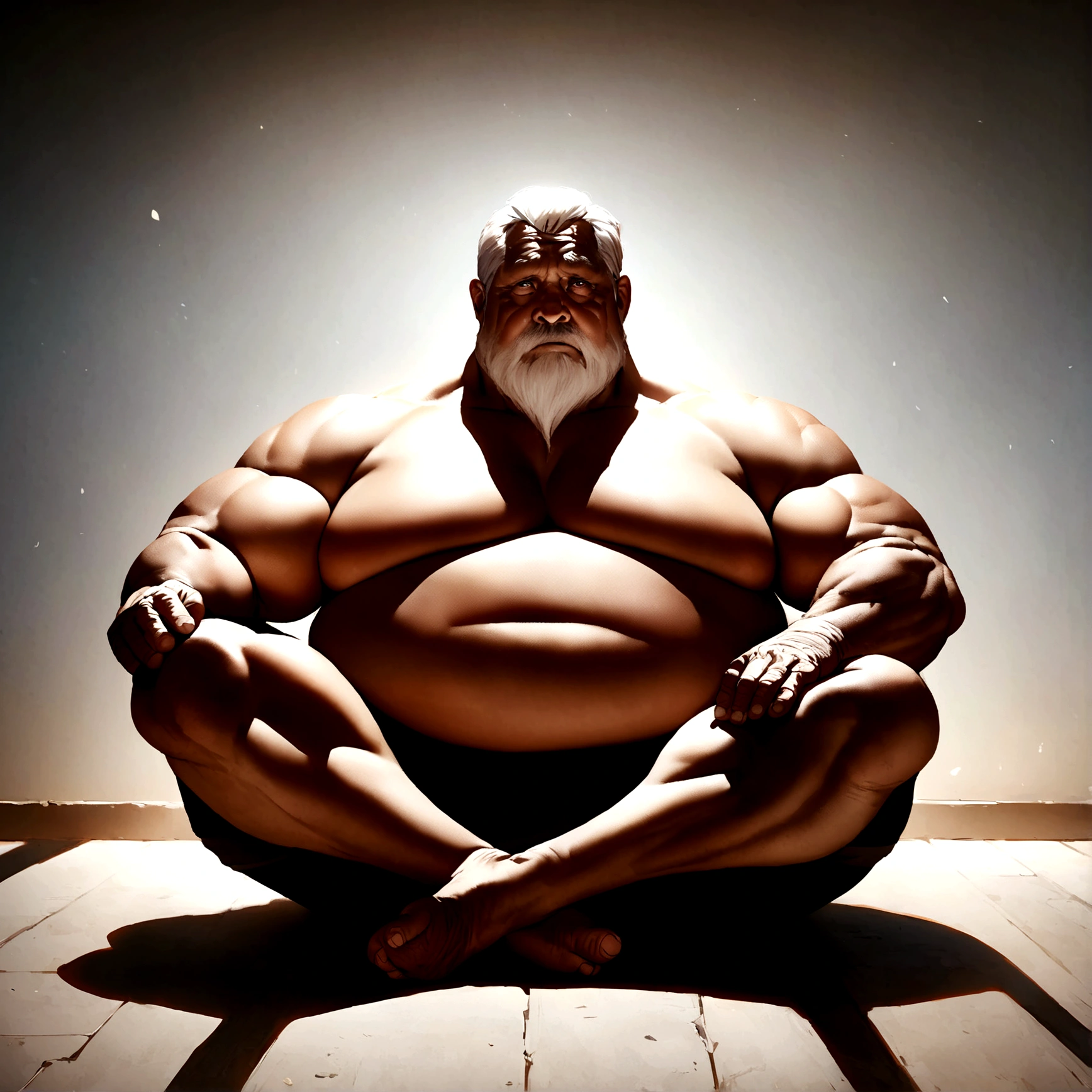 A large, overweight, muscular elderly man sitting on the floor with his legs crossed