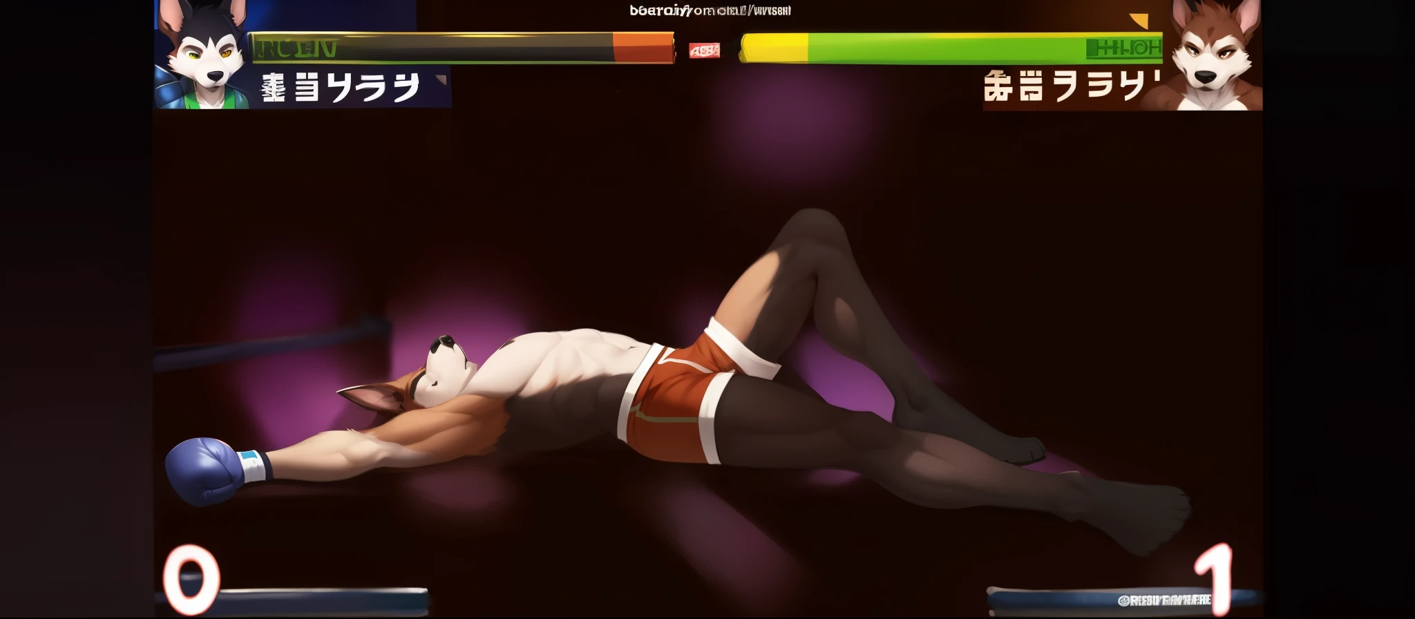 a detailed picture of a boxing match (one male anthros), slim body, slim features, in a boxing ring, Ross Tran, ruan jia, trending on artstation, foxovh, ((terrier dog, reddish-brown fur, green shorts, knocked out on the floor)), from side