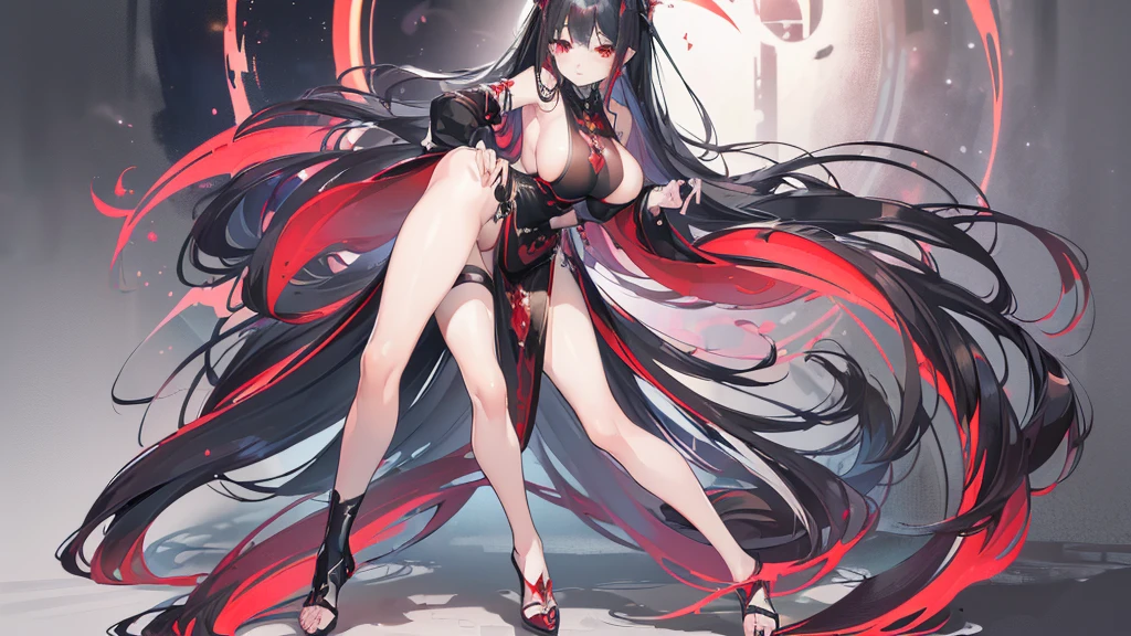 (Exquisite eyes),(Clear and beautiful eyes:1.61),masterpiece, 1 young girl,(Black clothes and some red gems), Black long hair, (She has a huge red gem on her chest), Good Hand,((The Havoc of StarCraft)),full-body shot,Fighting Stance,(Red Eyes:1.466)，short and small,(Very big breasts:1.35),(Pretty Face),(full-body shot:1.33),Beautiful hands