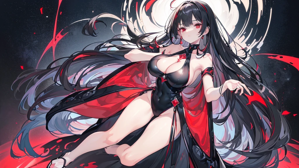 (Exquisite eyes),(Clear and beautiful eyes:1.61),masterpiece, 1 young girl,(Black clothes and some red gems), Black long hair, (She has a huge red gem on her chest), Good Hand,((The Havoc of StarCraft)),full-body shot,Fighting Stance,(Red Eyes:1.466)，short and small,(Very big breasts:1.35),(Pretty Face),(full-body shot:1.33),Beautiful hands