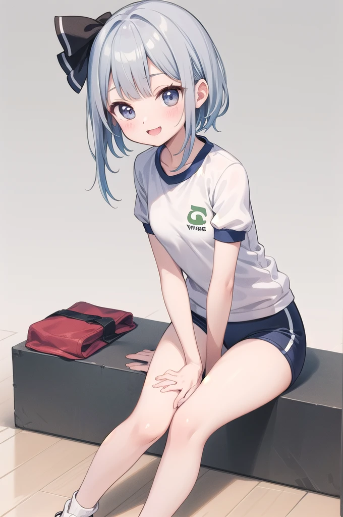 (((((whole body)))))、Youmu,Navy blue one-piece school swimsuit 、smile,、Cowboy Shot、Sitting on the floor、With legs apart、Simple Background、