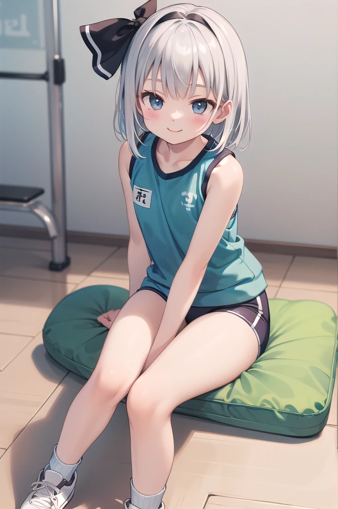 (((((whole body)))))、Youmu, Very cute gym clothes 、smile,、Cowboy Shot、Sitting on the floor、With legs apart、Both hands on the floor、Simple Background、