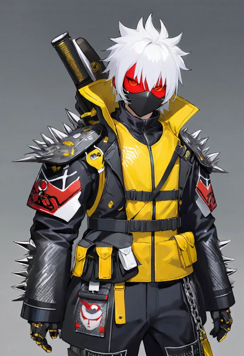He has spiky, white hair that adds to his dynamic appearance. He wears a futuristic, black and gray mask with yellow glowing eyes, giving him a menacing and high-tech look.
Outfit: He is dressed in a red jacket with various patches and symbols, including the word "???" on the sleeve. The jacket is partially unzipped, revealing a form-fitting, armored suit underneath. The suit features a mix of black, white, and gold elements, emphasizing both protection and style.
Accessories: He has a large belt with studs and a chain, adding to his edgy and rebellious aesthetic. He also has gloves that match his suit, enhancing his combat-ready appearance.
Weapon: He is holding a large shotgun with intricate designs, showing he is equipped for battle. The shotgun is black with some inscriptions on it, adding to its uniqueness.