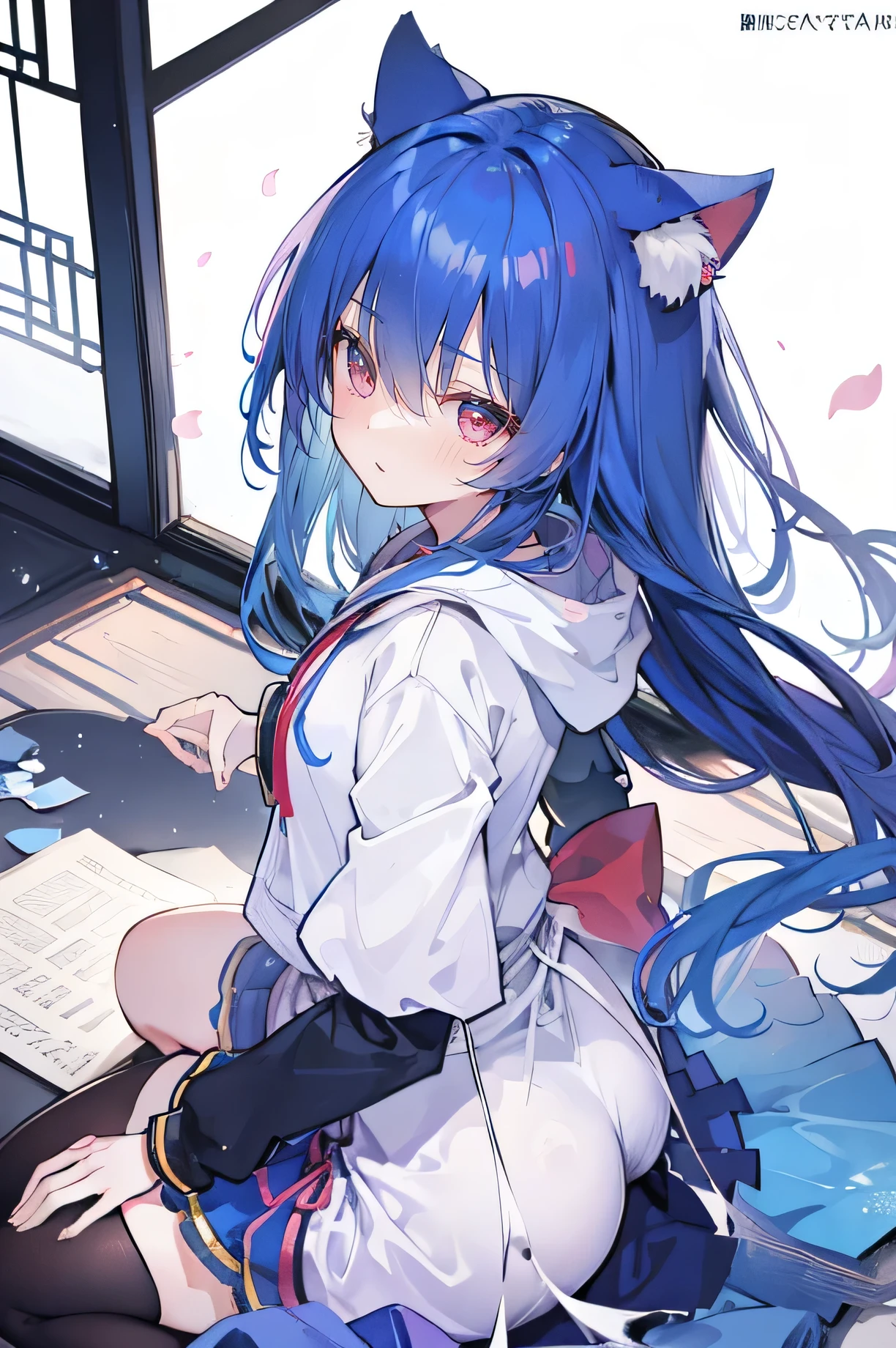 （masterpiece：1.2），Super detailed，lifelike，Expressive eyes，fair skin，perfect face shape，1 girl，
Japanese comics,Gorgeous blue hair,flowing blue hair,flowing clothes,Cat ears,Petals fall,beautiful lola,Baby Angel,
Shaking head with one hand，Cross your legs，Gentle and peaceful background，The pavilion is cool and comfortable,smile, wearing hoodie, background of tokyo,back views,snowing, winter,Angel wings，The world is open，shameful expression、Upper Body、close up、coat、skirt