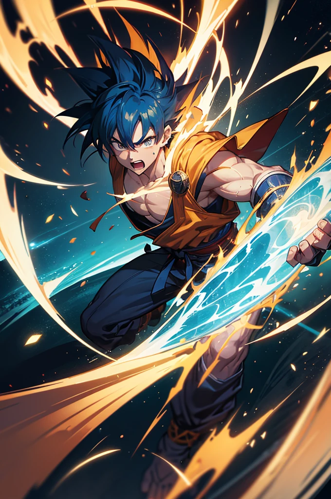 "painterly style, Goku fighting at war, raging, blue hair, character design, body is adorned with glowing golden runes, yellow aura around him, body dynamic epic action pose, intricate, highly detailed, epic and dynamic composition, dynamic angle, intricate details, multicolor explosion, blur effect, sharp focus, uhd, hdr, colorful shot, stormy weather, tons of flying debris around him, dark city background, modifier=CarnageStyle, color=blood_red, intensity=1. 6"