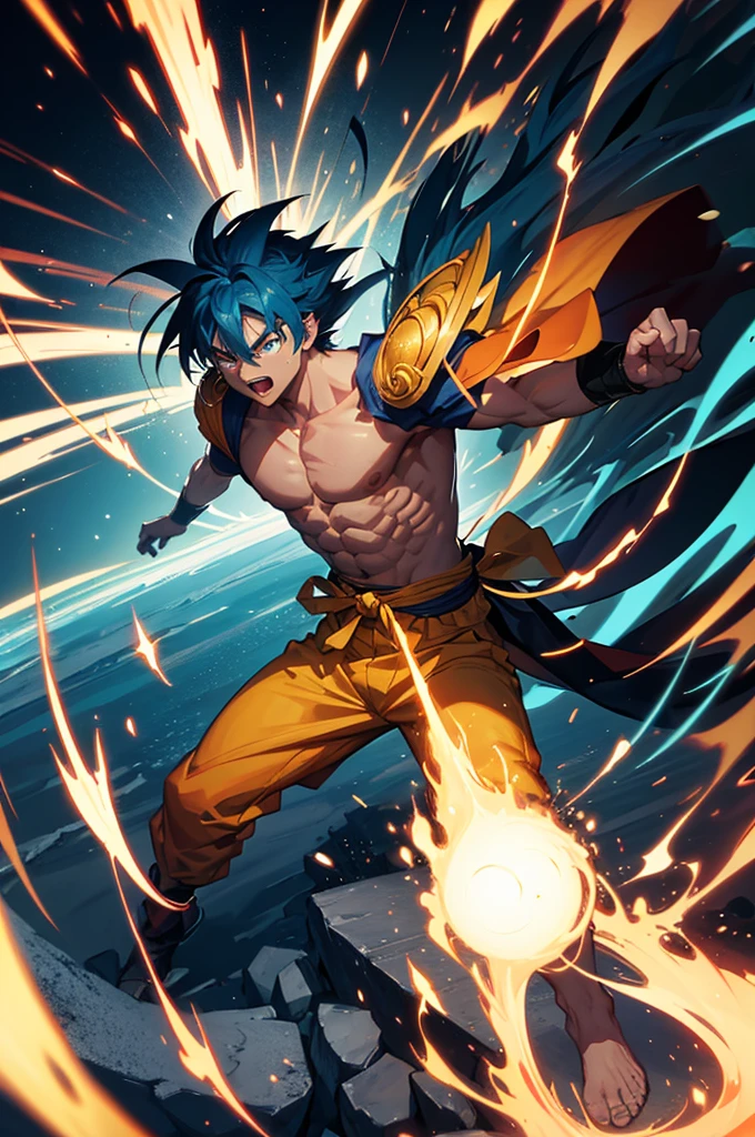 "painterly style, Goku fighting at war, raging, blue hair, character design, body is adorned with glowing golden runes, yellow aura around him, body dynamic epic action pose, intricate, highly detailed, epic and dynamic composition, dynamic angle, intricate details, multicolor explosion, blur effect, sharp focus, uhd, hdr, colorful shot, stormy weather, tons of flying debris around him, dark city background, modifier=CarnageStyle, color=blood_red, intensity=1. 6"