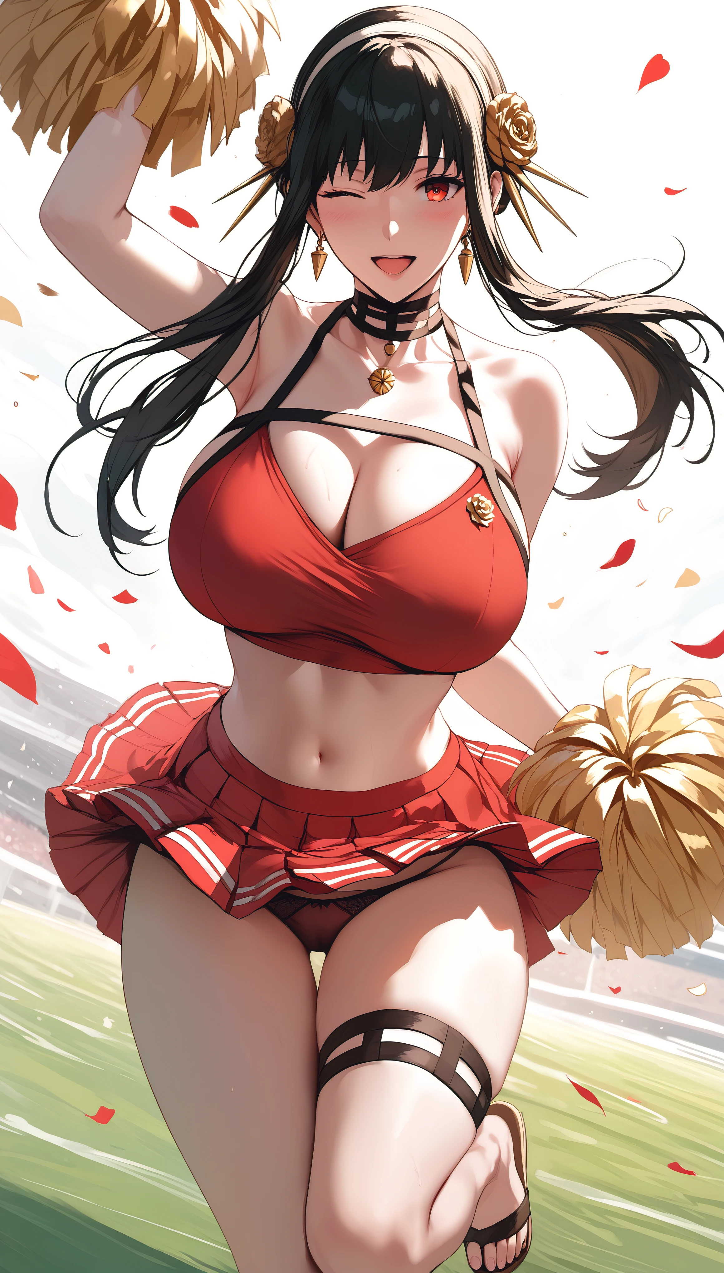 (hews art style:0.7), score_9, score_8_up, score_7_up, score_6_up, uncensored, yor briar, black hair, white hairband, red eyes, sidelocks, BREAK (masterpiece:1.2), best quality, high resolution, (beautiful detailed eyes:1.3), perfect lighting, (perfect hands, perfect anatomy), hearts, pleasured, huge breasts, 1girl, breasts, pom pom \(cheerleading\), cheerleader, solo, skirt, one eye closed, navel, smile, midriff, crop top, open mouth, full body, panties, field, looking at viewer, underwear, white background, pleated skirt, thigh strap, thighs, sandals, sleeveless, arm up, bare shoulders, choker