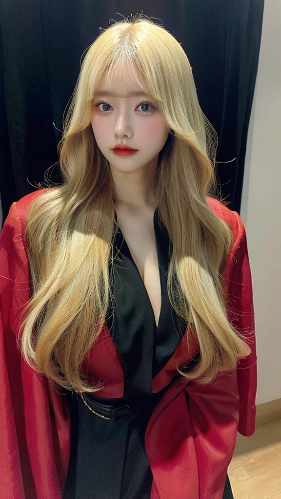 Beautiful body, Beautiful face, big breasts,  long hair blonde, black and red charleston suit