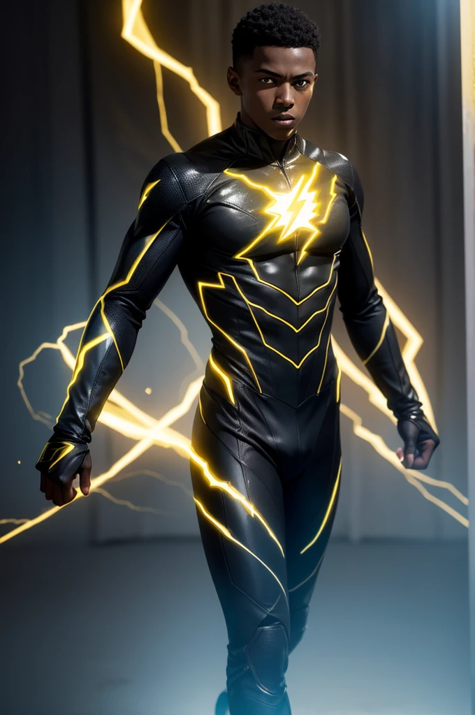 Create an image of a 17-year-old dark-skinned boy wearing the Reverse Flash costume from the series.