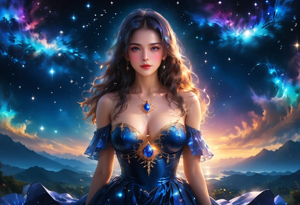 a portrait of an astrologer looking at libra constellation in the night sky, an extraordinary beautiful woman, there is magic in her eyes divining the future from the Libra constellation, dynamic hair color, dynamic hair style, wearing an intricate sapphire dress decorated with glowing stars, she looks to the night sky seeing the ((Libra constellation in the sky: 1.3)), vibrant, Ultra-high resolution, High Contrast, (masterpiece:1.5), highest quality, Best aesthetics), best details, best quality, highres, 16k, [ultra detailed], masterpiece, best quality, (extremely detailed), Cinematic Hollywood Film, magical sky, FireMagicAI, dark novel