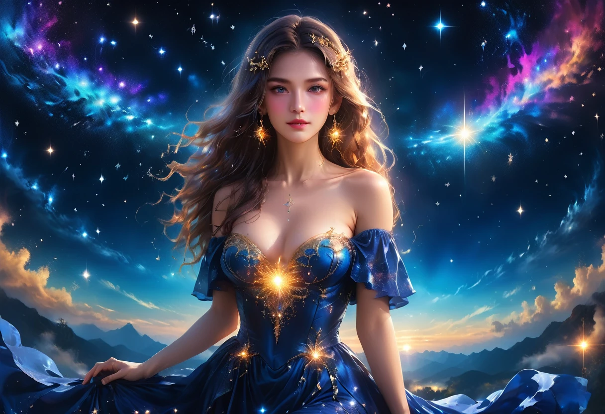 a portrait of an astrologer looking at libra constellation in the night sky, an extraordinary beautiful woman, there is magic in her eyes divining the future from the Libra constellation, dynamic hair color, dynamic hair style, wearing an intricate sapphire dress decorated with glowing stars, she looks to the night sky seeing the ((Libra constellation in the sky: 1.3)), vibrant, Ultra-high resolution, High Contrast, (masterpiece:1.5), highest quality, Best aesthetics), best details, best quality, highres, 16k, [ultra detailed], masterpiece, best quality, (extremely detailed), Cinematic Hollywood Film, magical sky, FireMagicAI, dark novel