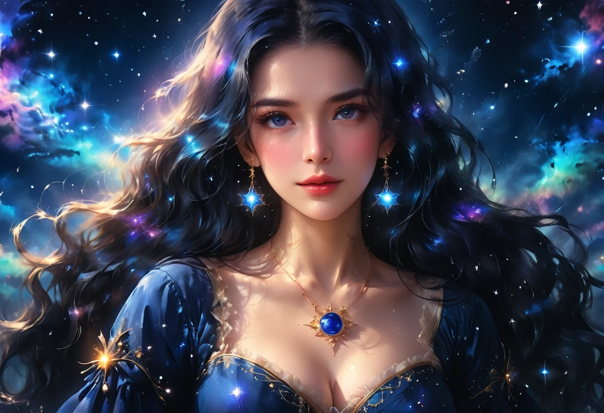 a portrait of an astrologer looking at libra constellation in the night sky, an extraordinary beautiful woman, there is magic in her eyes divining the future from the Libra constellation, dynamic hair color, dynamic hair style, wearing an intricate sapphire dress decorated with glowing stars, she looks to the night sky seeing the ((Libra constellation in the sky: 1.3)), vibrant, Ultra-high resolution, High Contrast, (masterpiece:1.5), highest quality, Best aesthetics), best details, best quality, highres, 16k, [ultra detailed], masterpiece, best quality, (extremely detailed), Cinematic Hollywood Film, magical sky, FireMagicAI, dark novel