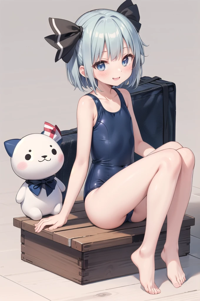(((((whole body)))))、Youmu,Navy blue one-piece school swimsuit 、smile,、Cowboy Shot、Sitting on the floor、With legs apart、Simple Background、