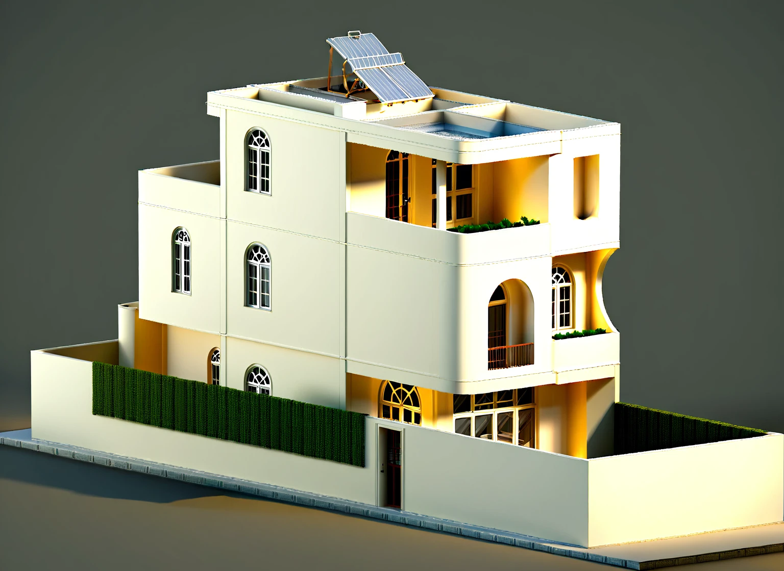 a rendering of a three story building with a balcony and a balcony, orthographic 3d rendering, perspective view, isometric view from behind, elevation view, isometric perspective view, mid-view, front elevation view, 3d rendering, 3 d rendering, complete house, inter dimensional villa, highly detailed architecture, isometric view!!!!, frontview