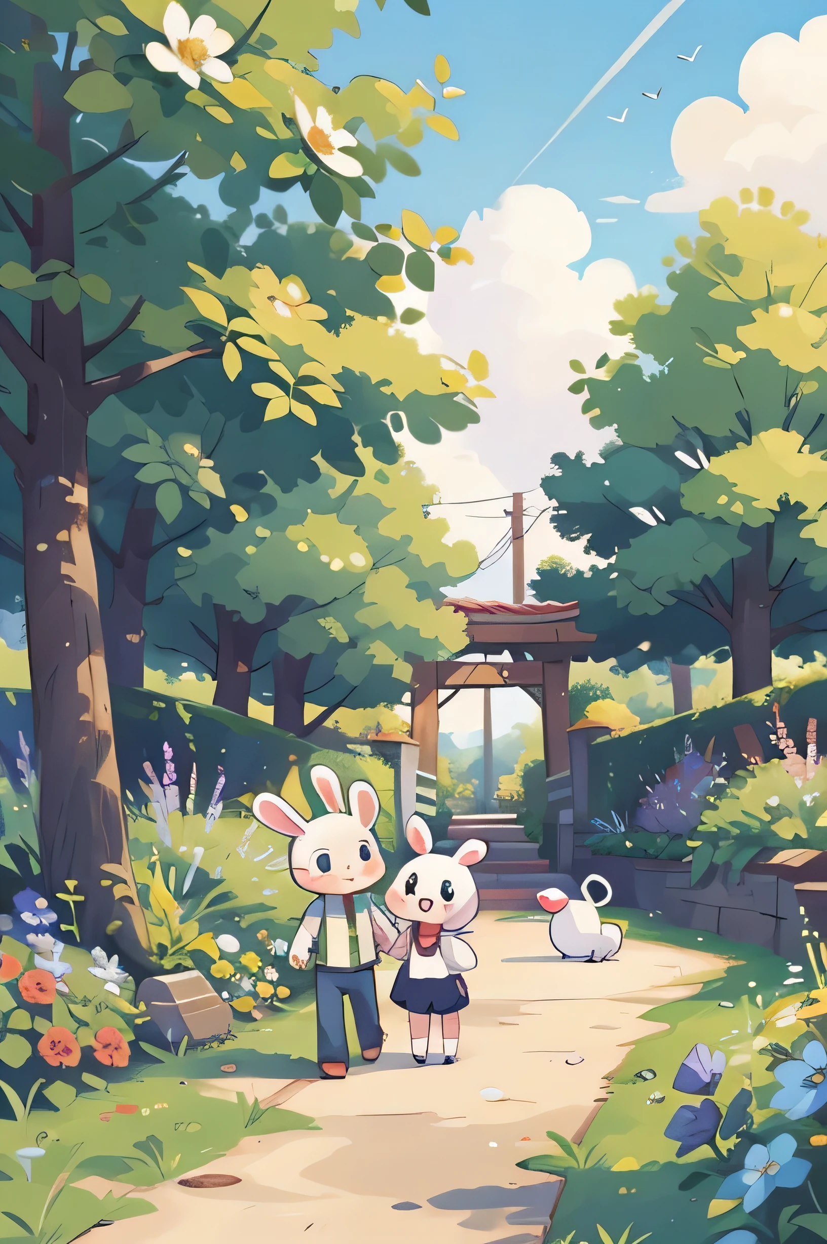 Field of flowers,tree swing flowers, cute bunnies,cute pandas ;cute kittens, pathway fence