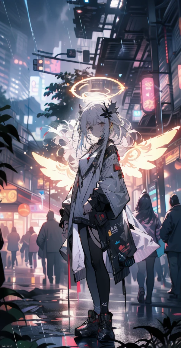 (((masterpiece))), (((best quality)))), Official Art, Extremely detailed CG unified 8k wallpaper, ((sketch))), night, rain, Beautiful and detailed sky, Milky Way,Starry sky background,Beautiful and delicate water, Game CG, Huge file size, sketch, Report, Angelic, Long gray hair, comb blond hair, Wet hair, Hair between the eyes, Hair behind the ears, Carefree eyes and white eyelashes, Yellow eyes, Half closed eyes, Footwear, Halo, Cross necklace, look down, sit, Hold long hair, Leaf hair ornaments, In the woods, Lakeside, ((Large Breasts))), ((( White Robe))), long sleeve dynamo, White eye mask, Elf ears and golden wings are more yellow