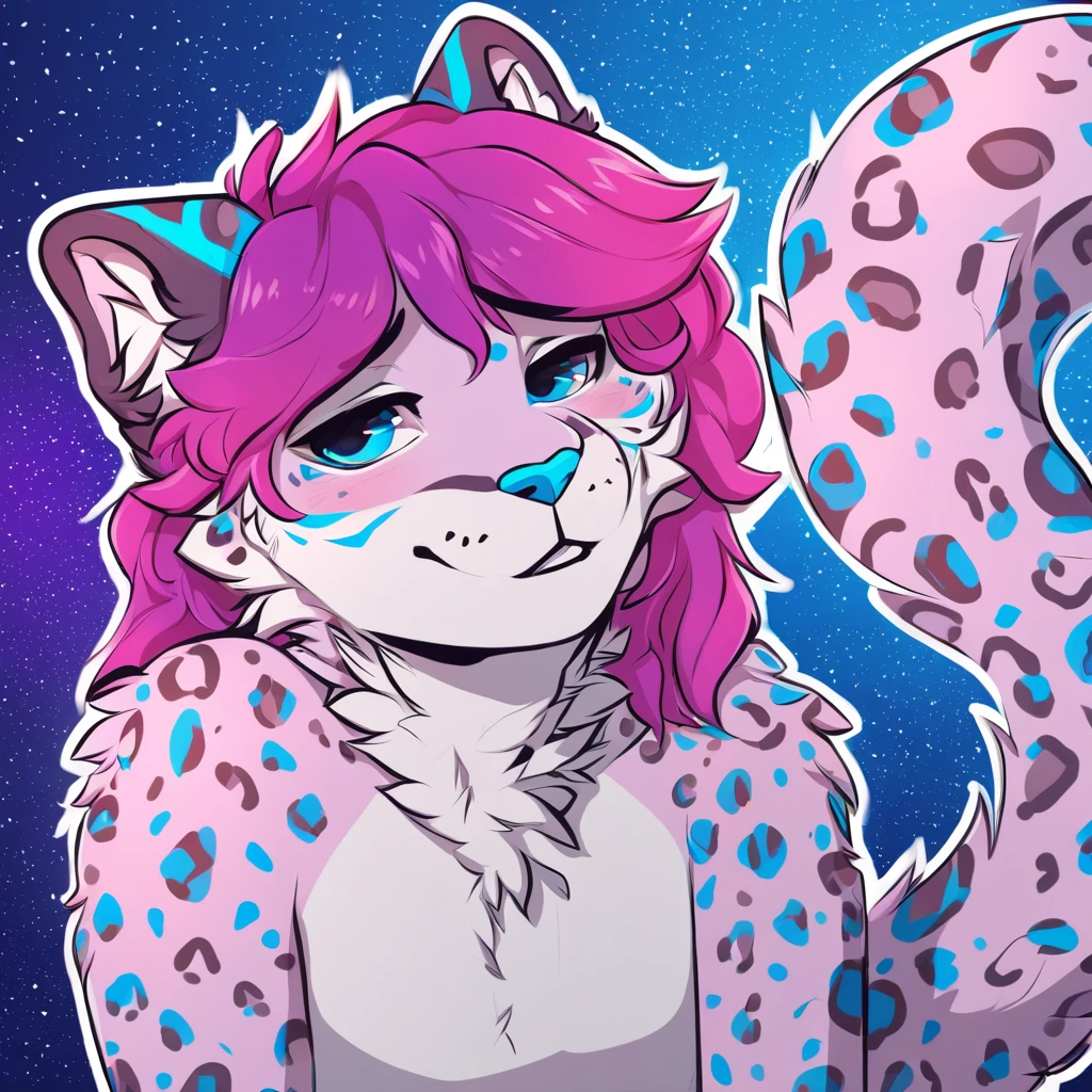 adult, feline, mammal, anthro, anthropomorphic, snow_leopard, striped, fur, striped_feline, fur, furred_anthro, femboy, male, light_pink, magenta_hair, fluffy, long_tail, blue_nose, expressive eyes, feline_ears, magenta_hair, blue_fur, light_blue_chest, shy, small_pupils, spotted_pattern, stripes, digital_art, high_resolution, high_res, hand-drawn, pencil_lines, head_visible, background, neck_visible, seductive_face, blue_galaxy_background, white_outline, detailed_line_work, profile_picture, head_visible