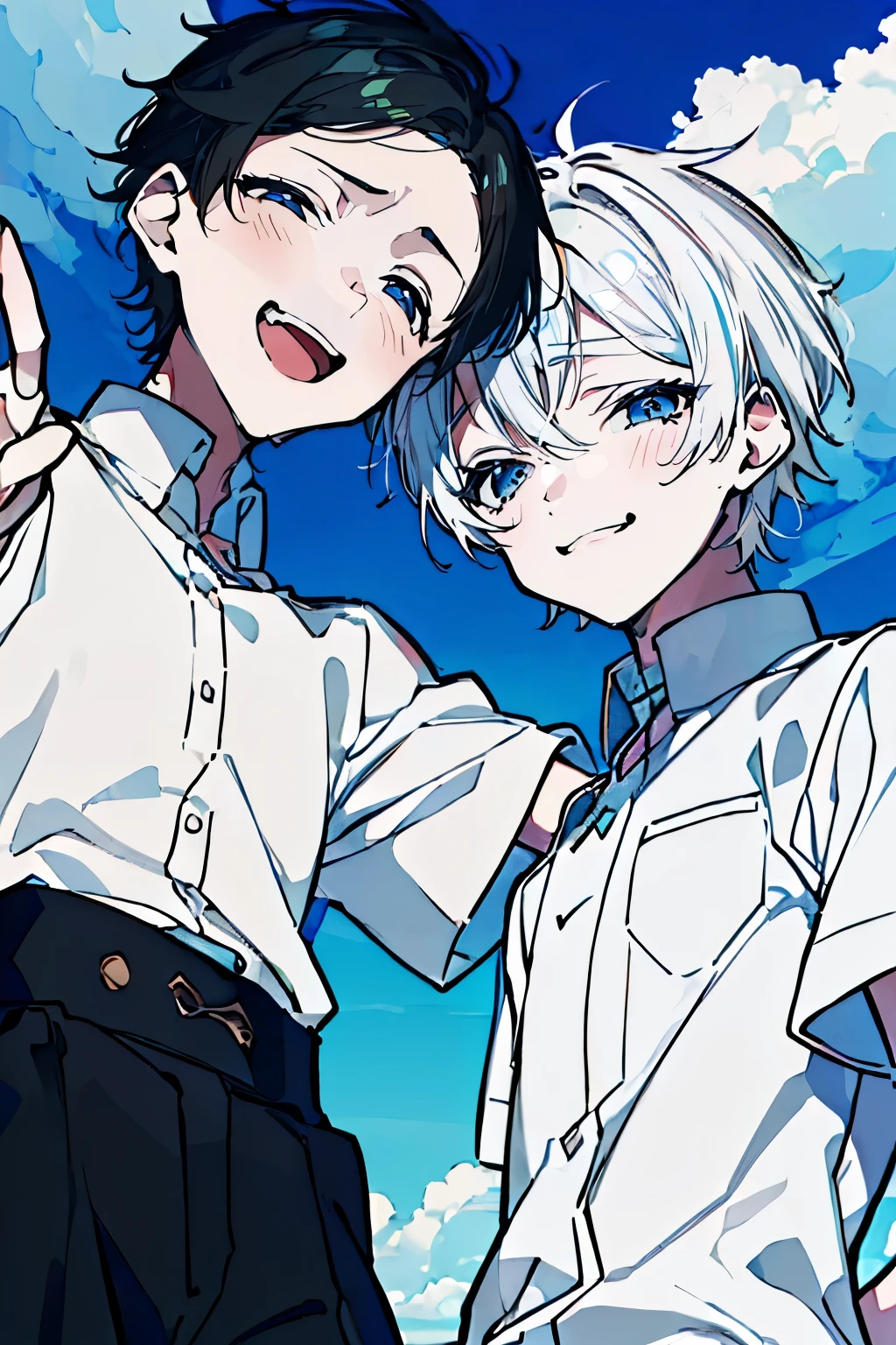 (Mastepiece), (Best Quality), Very detailed, (Two friendly boys:1.5),Shooting from below、Solo Shooting,Perfect Face, Beautiful Face, Very detailed顔,(1 boy with black hair:1.3),(One boy with white hair:1.3)、(short hair:1.3)、(Happy Face:1.4),(Laughing with your mouth open:1.3),(Short-sleeved white shirt:1.4)、(Windになびく髪:1.4),The atmosphere that seems to disappear,(blue sky_cumulonimbus)、summer、ephemeral、Sweat、Wind、sunlight