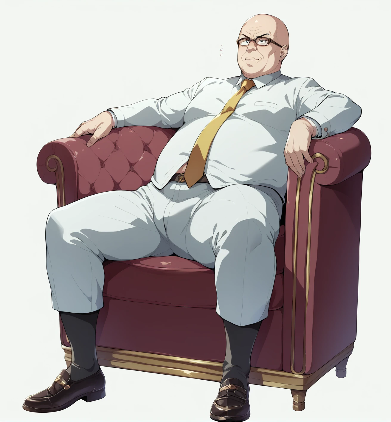 Ultra-detailed illustrations、Ultra-precise expression、masterpiece、Highest quality、ultra High resolution、High resolution、Hiromitsu Takeda Style、White background、Simple Background、sit、whole body、Luxurious sofa、Bulging crotch、Big crotch、White Suit、Black socks、One fat old man、Bald Head、No Face、solo、Leather shoes、Gold tie、