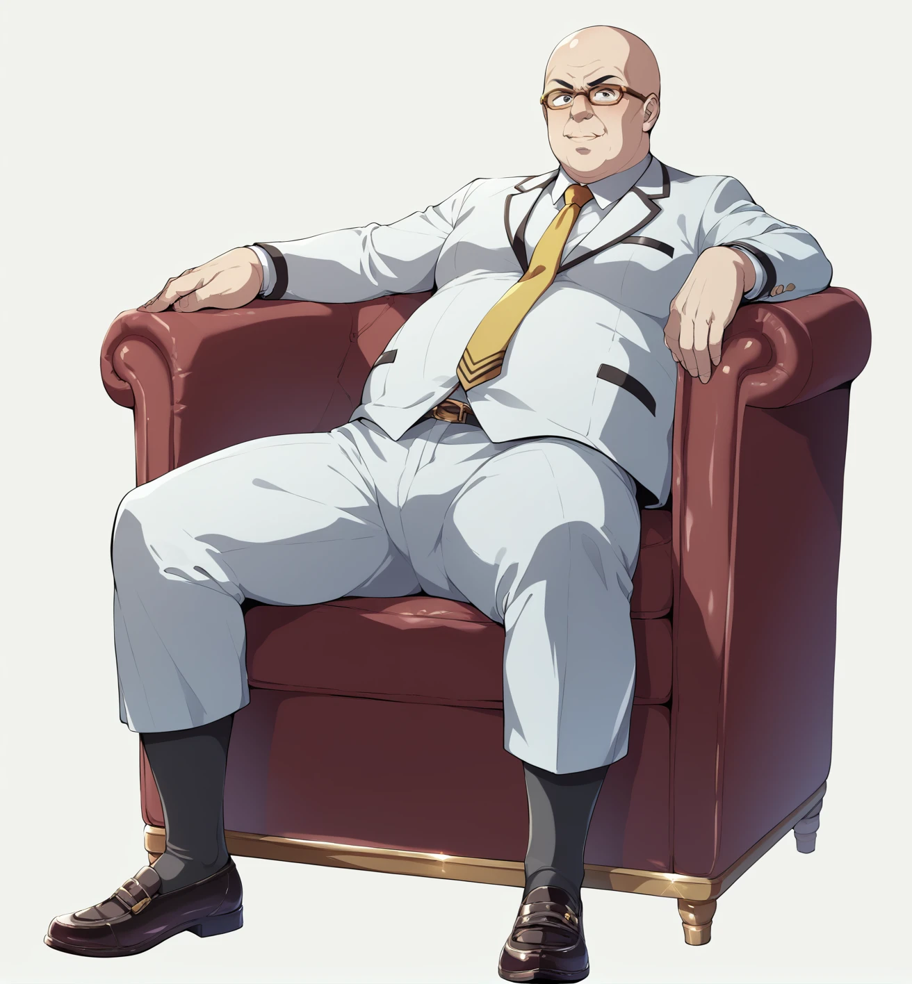Ultra-detailed illustrations、Ultra-precise expression、masterpiece、Highest quality、ultra High resolution、High resolution、Hiromitsu Takeda Style、White background、Simple Background、sit、whole body、Luxurious sofa、Bulging crotch、Big crotch、White Suit、Black socks、One fat old man、Bald Head、No Face、solo、Leather shoes、Gold tie、