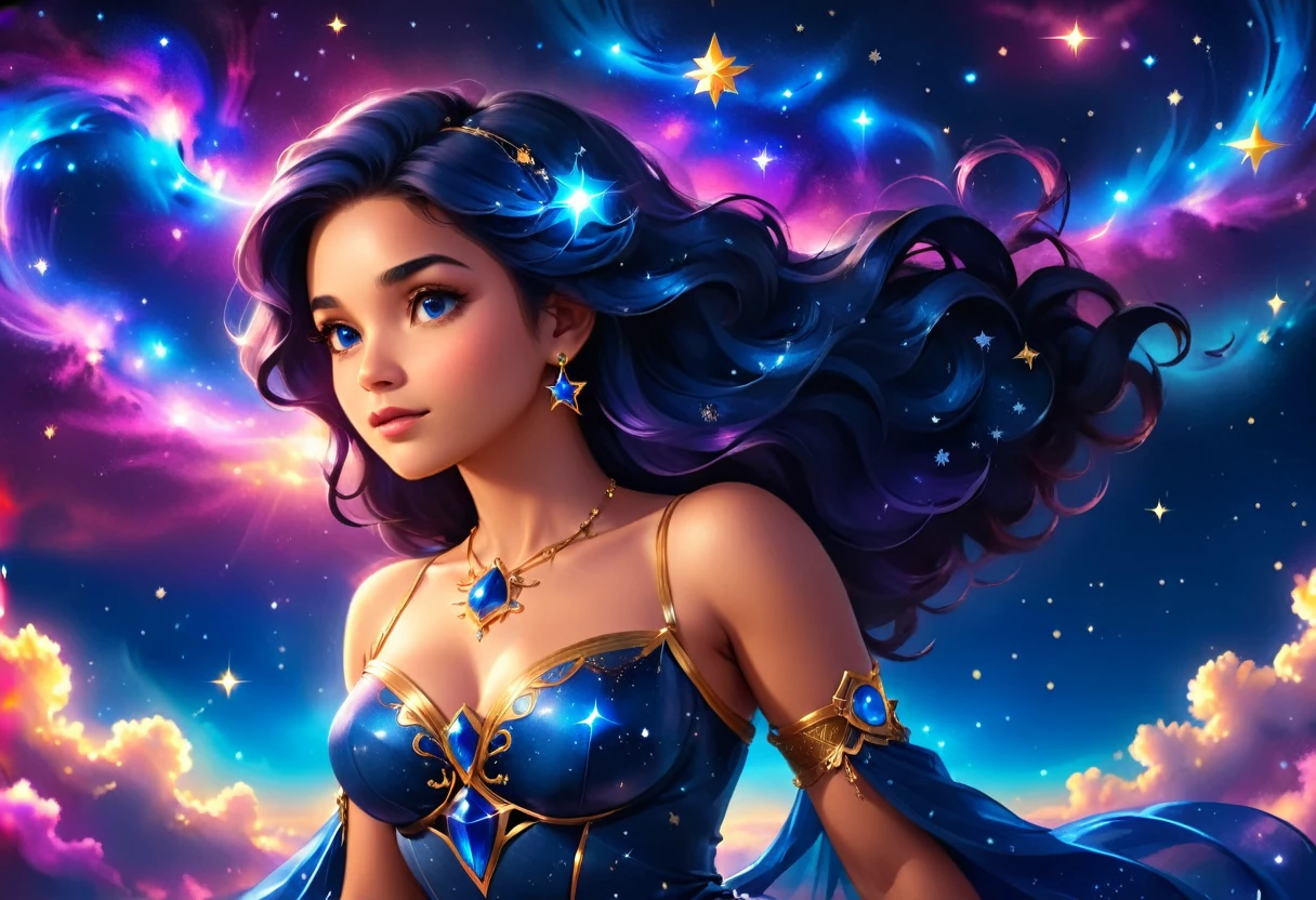a portrait of an astrologer looking at libra constellation in the night sky, an extraordinary beautiful woman, there is magic in her eyes divining the future from the Libra constellation, dynamic hair color, dynamic hair style, wearing an intricate sapphire dress decorated with glowing stars, she looks to the night sky seeing the ((Libra constellation in the sky: 1.3)), vibrant, Ultra-high resolution, High Contrast, (masterpiece:1.5), highest quality, Best aesthetics), best details, best quality, highres, 16k, [ultra detailed], masterpiece, best quality, (extremely detailed), Cinematic Hollywood Film, magical sky, FireMagicAI
