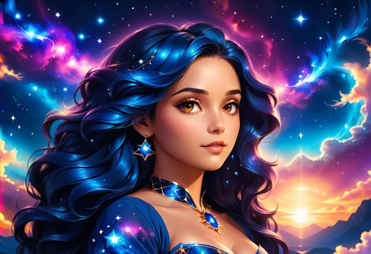 a portrait of an astrologer looking at libra constellation in the night sky, an extraordinary beautiful woman, there is magic in her eyes divining the future from the Libra constellation, dynamic hair color, dynamic hair style, wearing an intricate sapphire dress decorated with glowing stars, she looks to the night sky seeing the ((Libra constellation in the sky: 1.3)), vibrant, Ultra-high resolution, High Contrast, (masterpiece:1.5), highest quality, Best aesthetics), best details, best quality, highres, 16k, [ultra detailed], masterpiece, best quality, (extremely detailed), Cinematic Hollywood Film, magical sky, FireMagicAI