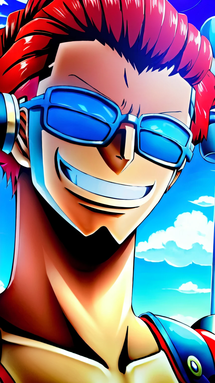 ((best qualityer)), (detailded), naughty man, 3 meters tall, robotic arms, blue glasses, Red hair, stark, happy face.