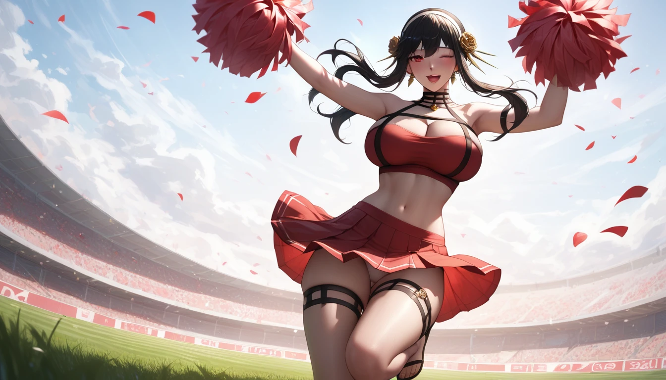 (asura art style:0.7), score_9, score_8_up, score_7_up, score_6_up, uncensored, yor briar, black hair, white hairband, red eyes, sidelocks, BREAK (masterpiece:1.2), best quality, high resolution, (beautiful detailed eyes:1.3), perfect lighting, (perfect hands, perfect anatomy), hearts, pleasured, huge breasts, 1girl, breasts, pom pom \(cheerleading\), cheerleader, solo, skirt, one eye closed, navel, smile, midriff, crop top, open mouth, full body, panties, field, looking at viewer, underwear, white background, pleated skirt, thigh strap, thighs, sandals, sleeveless, arm up, bare shoulders, choker