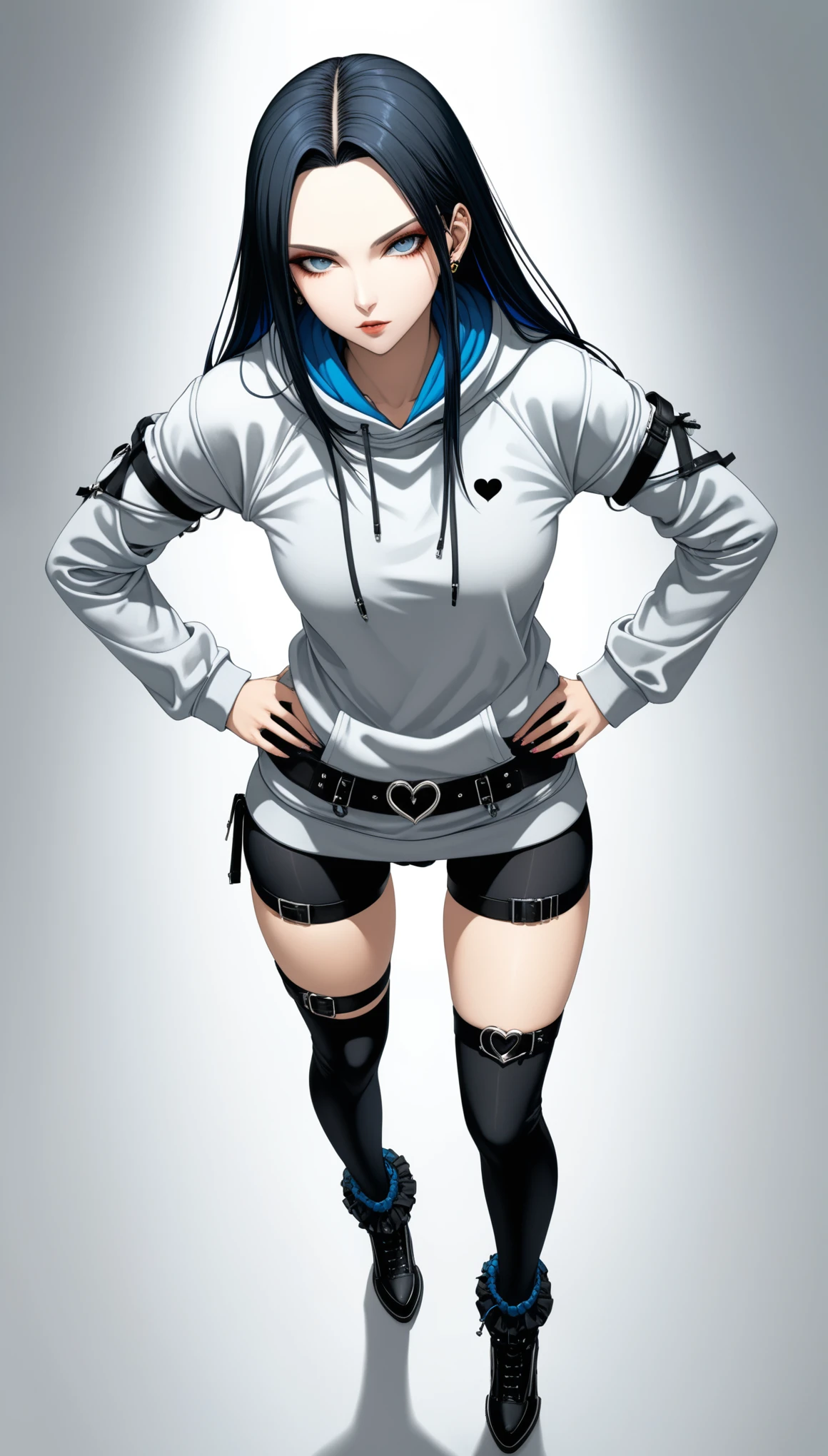 in style of Santiago Caruso,
1girl,fullbody ,stand,long straight black hair,gray sweatshirt,heart ring thigh_strap,oversize leg warmers,(hands_on_hips:1.5),(dynamic action,wide angle,from_above:1.6),white background,dynamic action,blue colored inner hair,