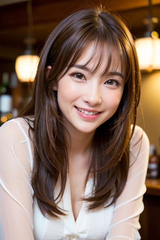 Best Quality, extra high resolution, (Photorealistic:1.4), RAW photo, (upper thigh, from side:0.7), (bokeh:1.5), (sit on bed), (in suite:1.6),Window,
 A  girl, Cute, (独奏:1.6), (shy smile), (Brown eyes), Smooth skin, (Brown, Medium Hair,Bangs),(small chest),dainty, (touch hair:1.4),
(off-white transparent clothes:1),