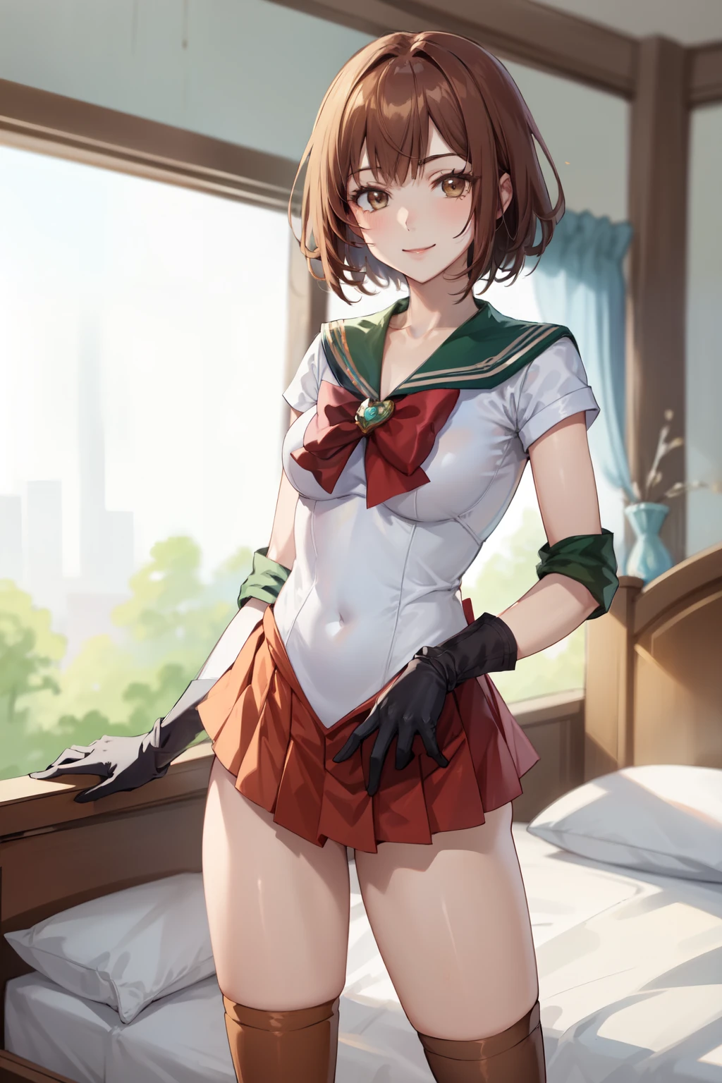 Highest quality, (masterpiece:1.2), Very detailed,
One girl, alone,
View your viewers, smile, Medium chest,
Brown eyes, Brown Hair, short hair, naked、((Thigh-high socks))、On the bed、((Sailor Warriors))、((Long gloves))