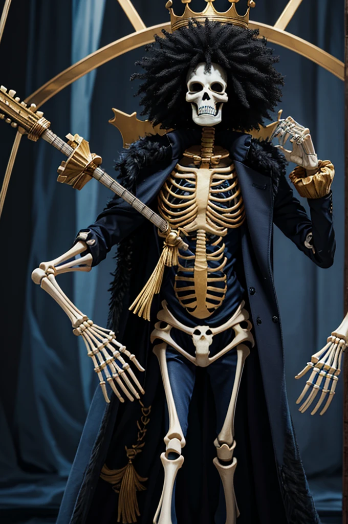 Three-dimensional effect,Standing Full body skeleton,realistic,Crown on head,junbo afro,On a big ship,By the Sea,Blue scarf,Yellow fur,Black coat,Holding a guitar,Glossy body,The inside of the skeleton is black