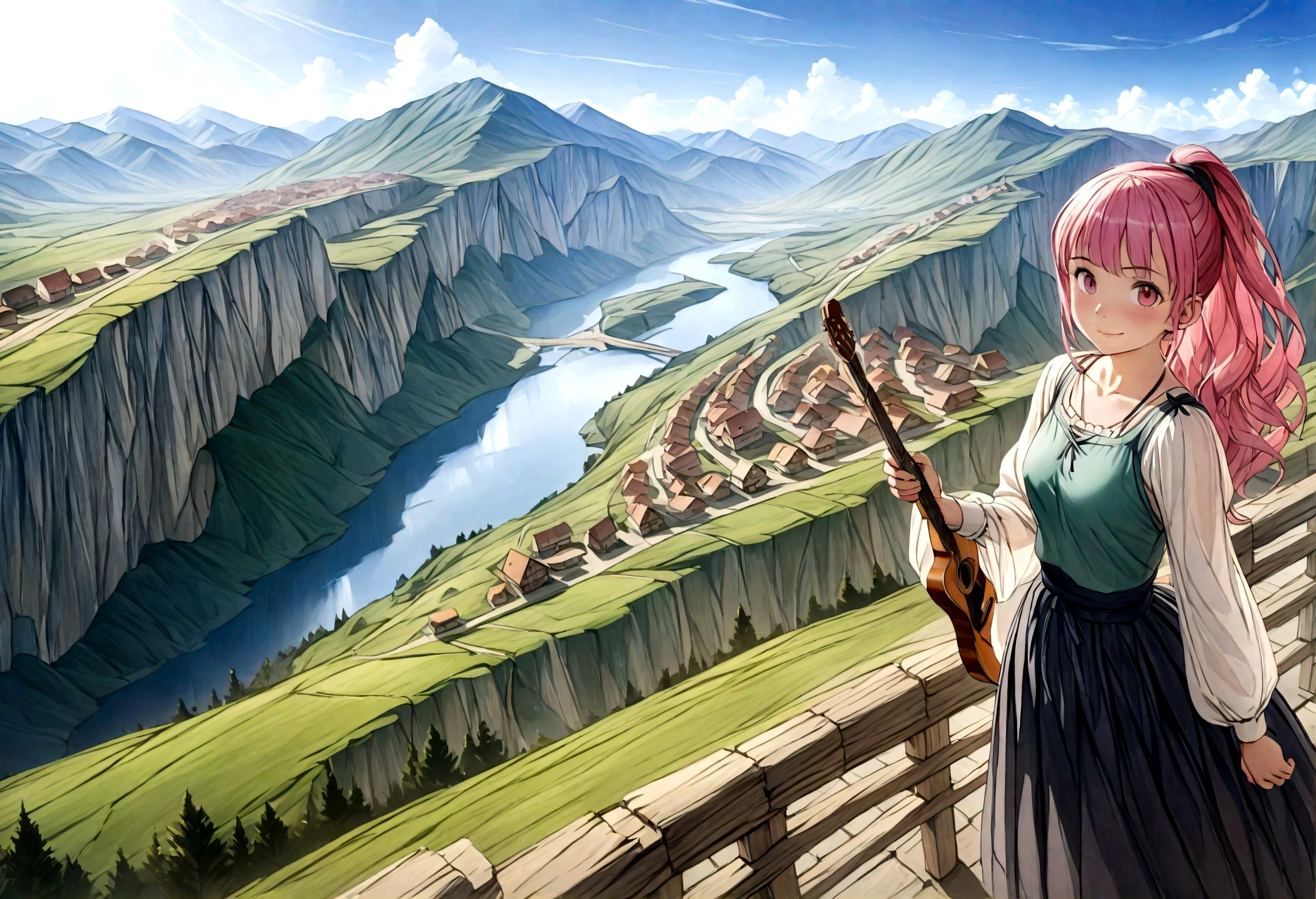 (((Top quality, 4k, 8k, high resolution, masterpiece: 1.2))), (super detailed), (realistic), (photorealistic), (photorealistic: 1.37), (HDR, UHD), (studio (lighting)), ultra-fine drawing, sharp focus, physically based rendering, highly detailed, professional, vibrant colors, perfect ditaile hand, highly detailed realistic eyes,
kawaii, qute,
(((Long shot, Panorama, Distant view, Vast landscape))), knees, feet, looking at viewer,
girls, multiple girls, one girl,
short hair, medium hair, medium length, long hair, ponytail,
red hair, blue hair, blonde hair, green hair, pink hair,
medieval European clothing, Citizen's Clothing from Medieval Europe, miniskirt, mid-length skirt, long skirt, chinos pants,
playing the guitar,
Medieval European town, Medieval European rural village, Rural grassland, Mountain view, Rural river, Irrigation canal,