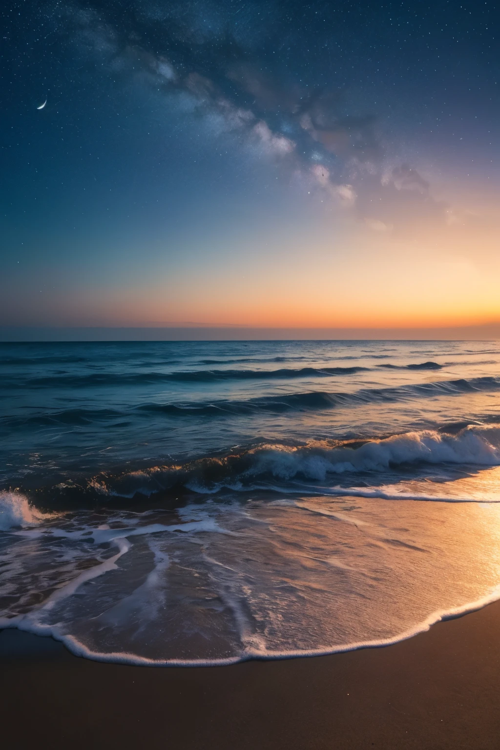 Create another wide 16:9 image of a starry night by the seaside with a bright moon in the sky. The scene should feature a beautiful shoreline with gentle waves, illuminated by the soft glow of countless stars and a radiant moon. The moon and stars should reflect on the calm surface of the water, creating a magical and serene atmosphere. The colors should be rich and deep, capturing the peaceful and enchanting beauty of a moonlit beach at night.